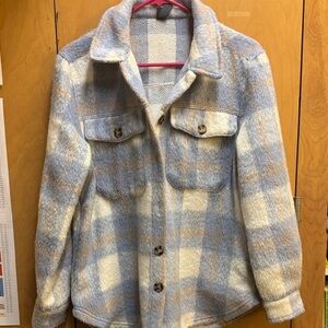 Alya Blue Cream and Tan Plaid Pattern thick wool blend button up medium jacket